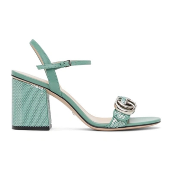 Gucci Green Sequin Gg Marmont Mid Heeled Sandals - Picture 2 of 13